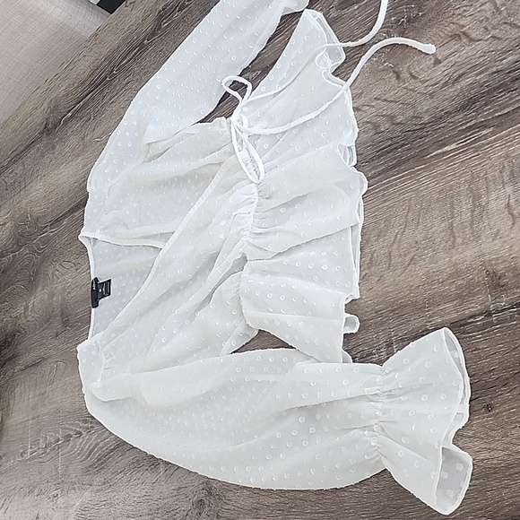 AQUA Swiss Clip Dot Semi-Sheer Bell Sleeve Faux Wrap Peplum Top White - Picture 4 of 8